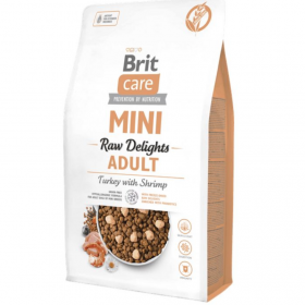 Пълноценна суха храна за кучета от малки породи Brit Care Mini FD Raw Delights Turkey with Shrimp с лиофилизирани парченца сурово пуешко месо и скариди, БЕЗ зърно